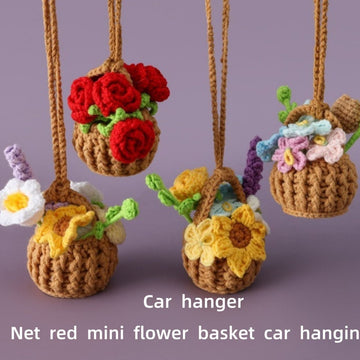Preserved Fresh Flower Hanging Decoration Flower Basket Handmade Crocheted Internet Celebrity Mini Flower Basket Car Hanging Rearview Mirror Car Decoration Rose Flower Basket