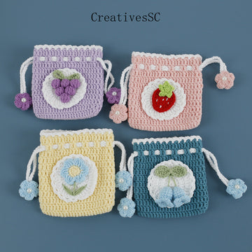 Sweet Hand-Woven Drawstring Coin Purse Woven Women's Wool Crocheted Fruit Series Small Pocket Hand Crocheting Finished Product