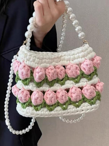 Fairy Tulip Hand-Woven Bag with Pearl Hand Crossbody Bag