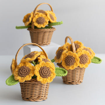Handmade Knitted Sunflower Mini Flower Basket Finished Wool Simulation SUNFLOWER Potted Decoration Holiday Gift Stall