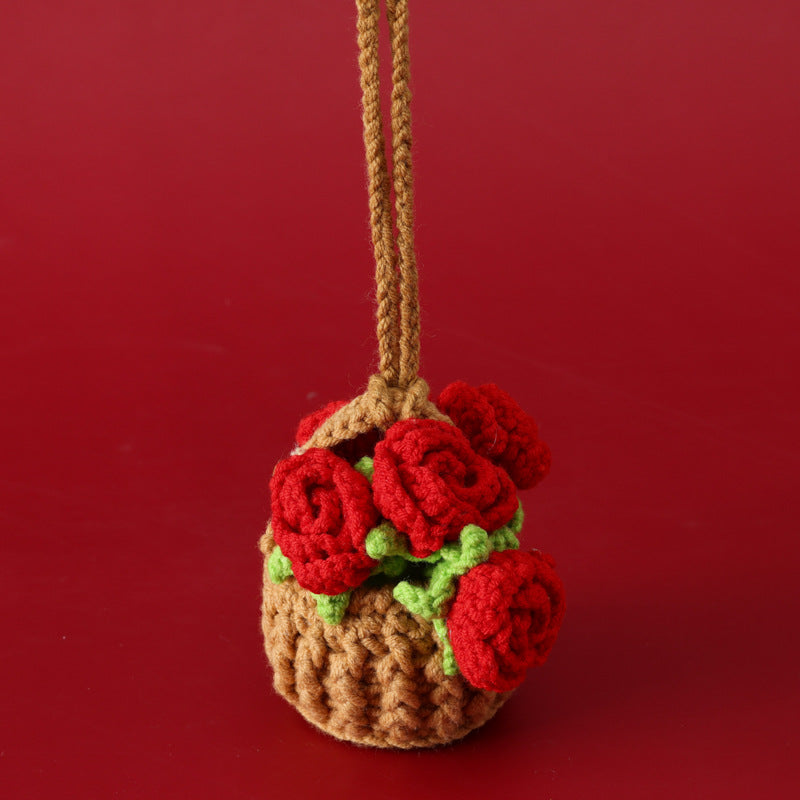 Preserved Fresh Flower Hanging Decoration Flower Basket Handmade Crocheted Internet Celebrity Mini Flower Basket Car Hanging Rearview Mirror Car Decoration Rose Flower Basket