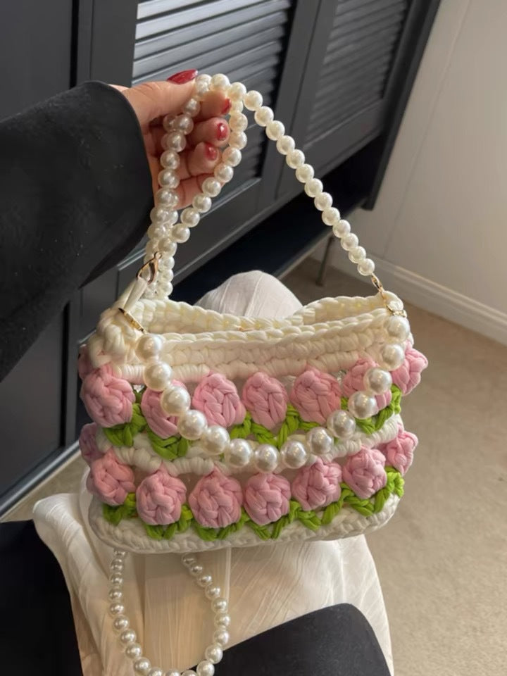 Fairy Tulip Hand-Woven Bag with  Pearl Hand Crossbody Bag