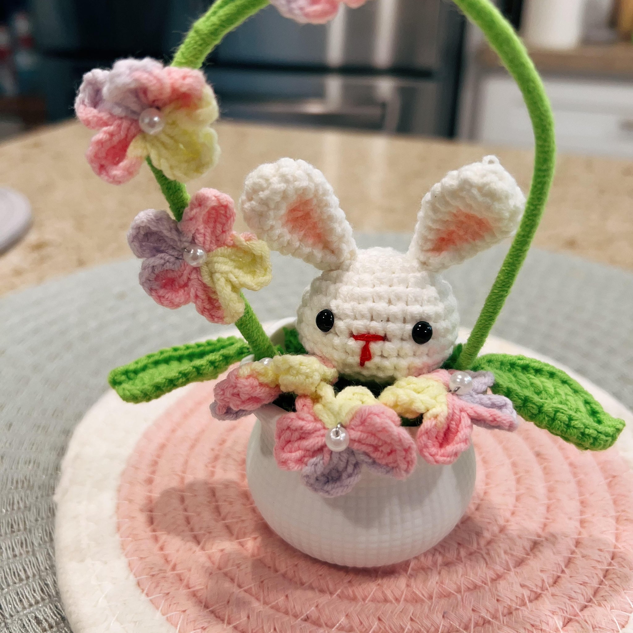 Handmade Crochet Bunny w/ Flowers, Leaves, And a Vine All In a Pot