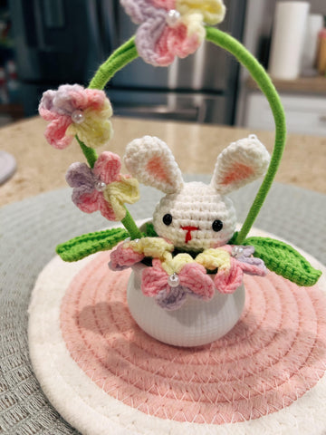 Handmade Crochet Bunny w/ Flowers, Leaves, And a Vine All In a Pot