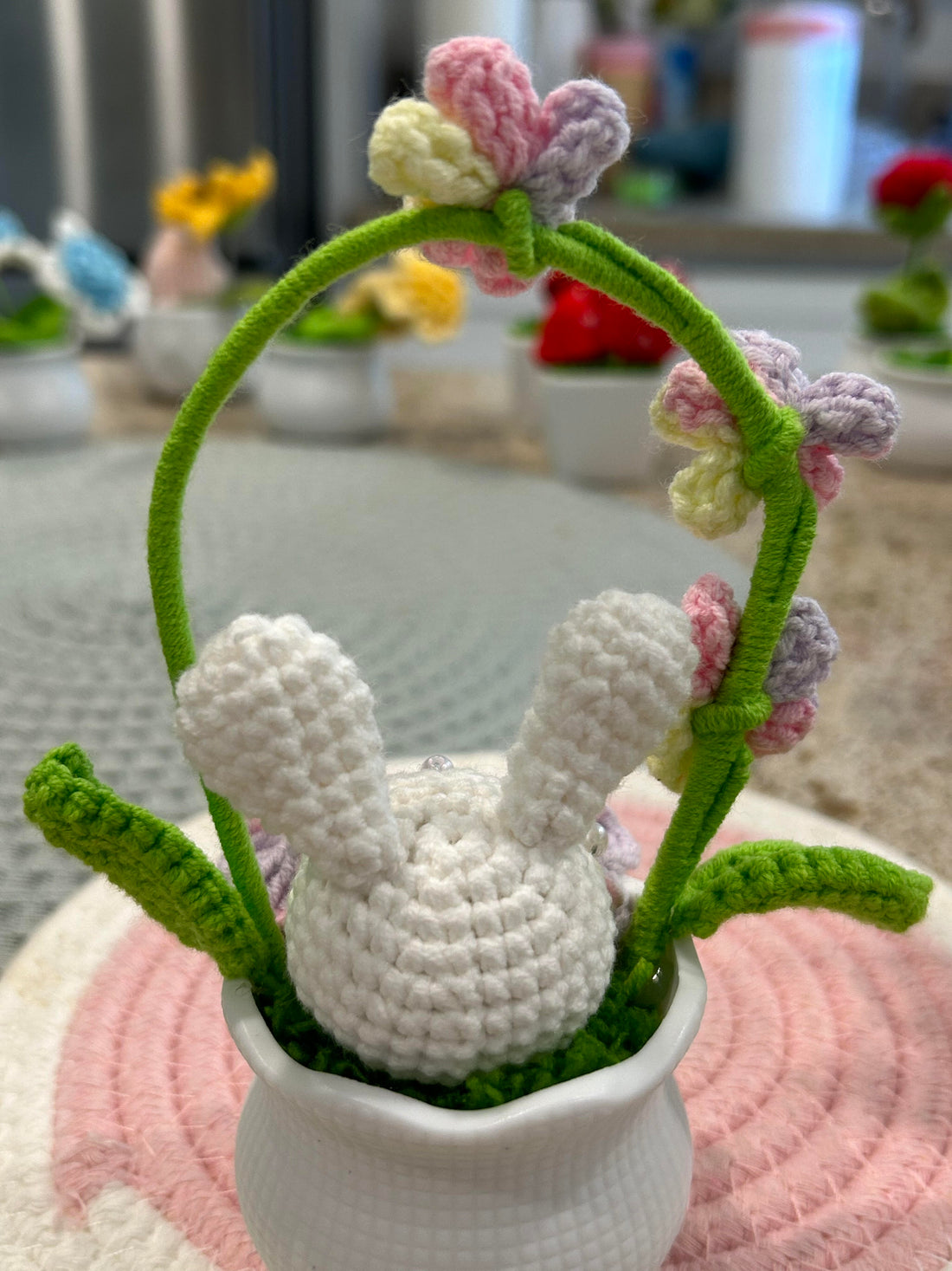 Handmade Crochet Bunny w/ Flowers, Leaves, And a Vine All In a Pot